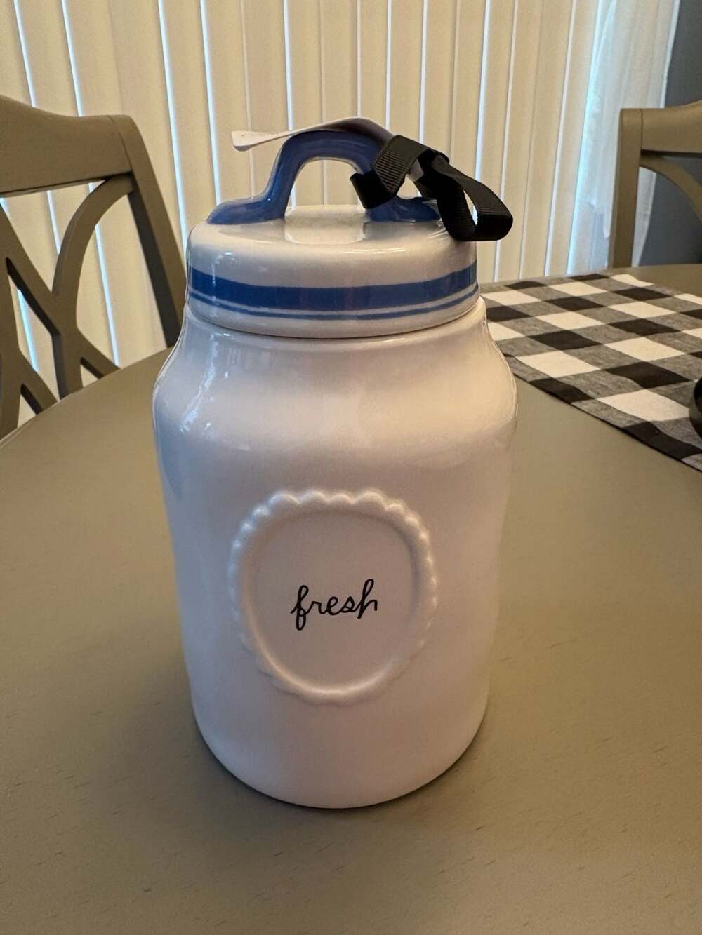 Rae Dunn Fresh Ceramic Canister with Blue Striped Lid and Handle